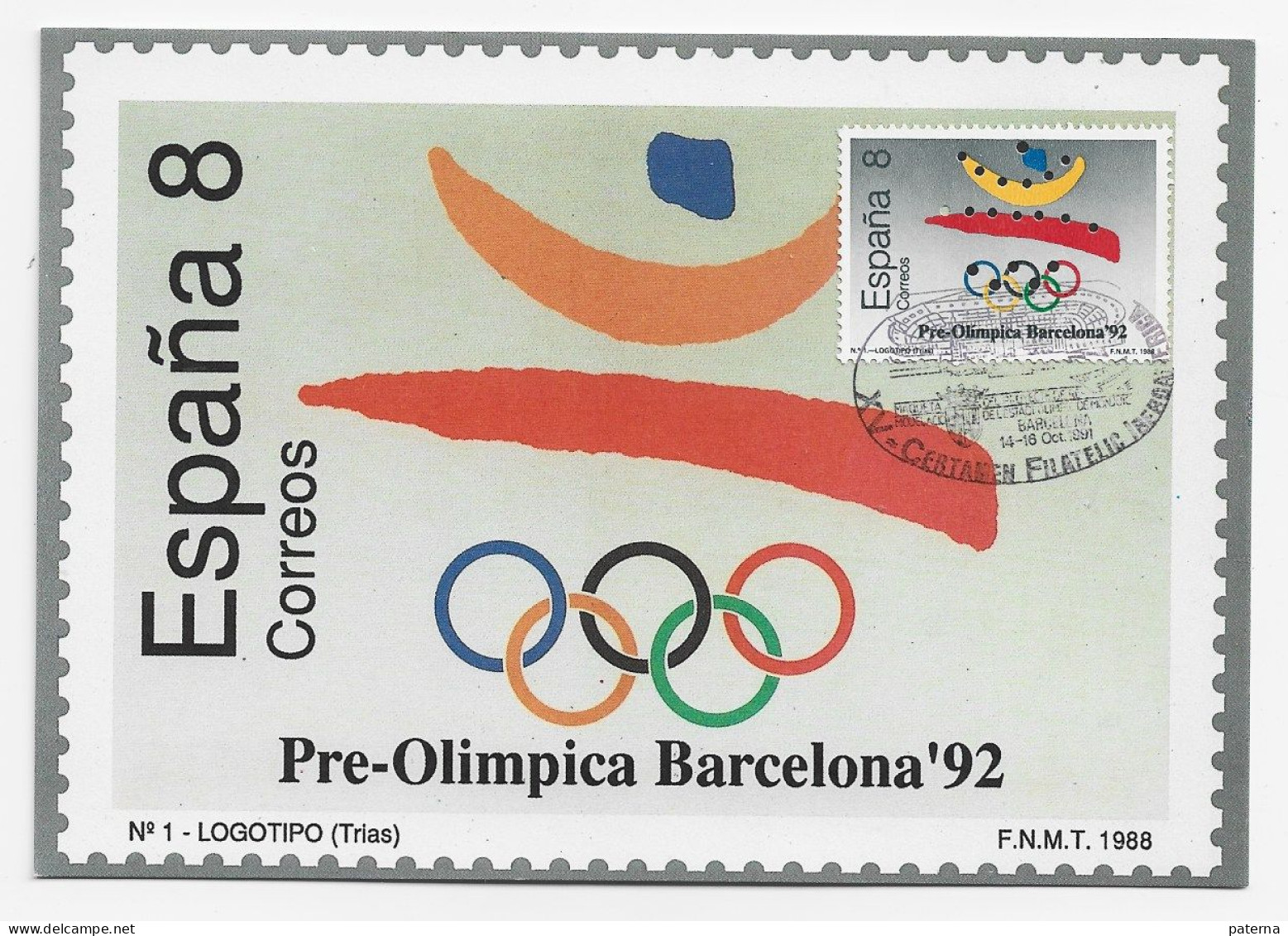 3775  Máxima  Barcelona  1992, , Juegos Pre-olimpiadas, Juegos Olímpicos,  Logotipo - Tarjetas Máxima