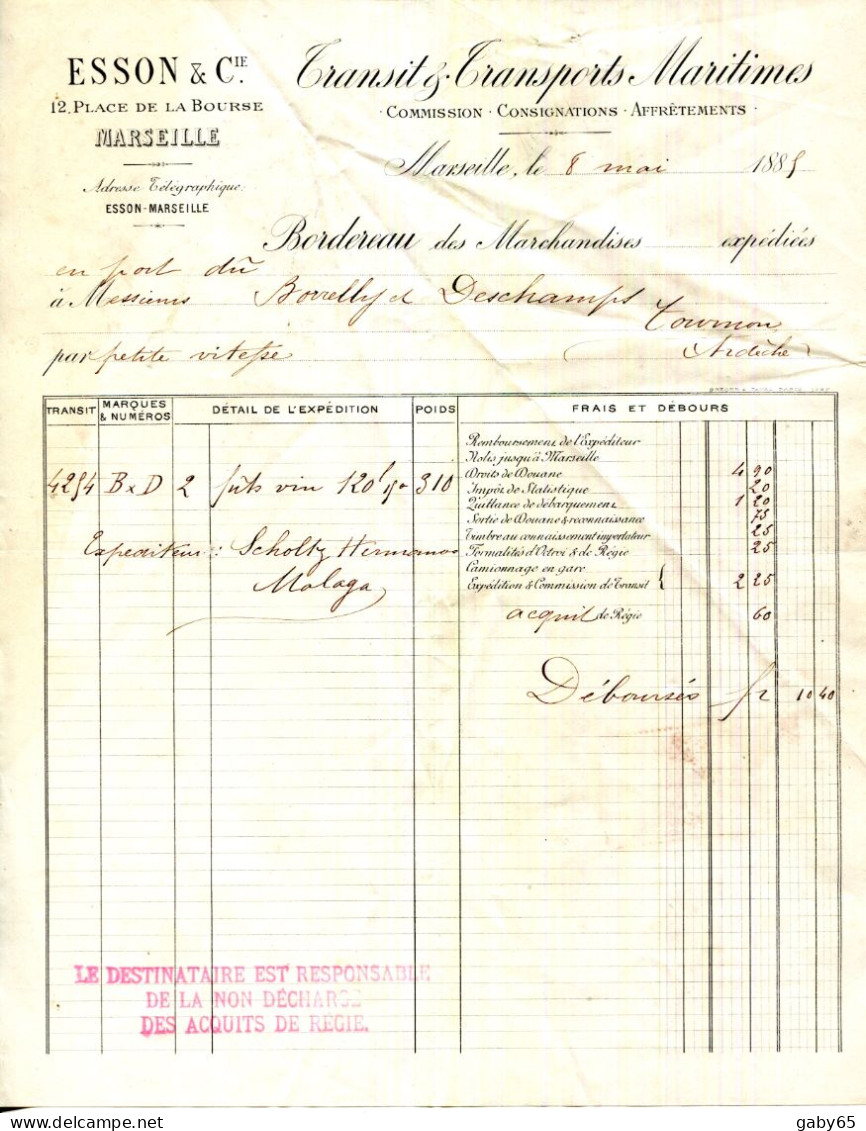 FACTURE.MARSEILLE.TRANSIT & TRANSPORTS MARITIMES.ESSON & Cie.12 PLACE DE LA BOURSE. - Transport