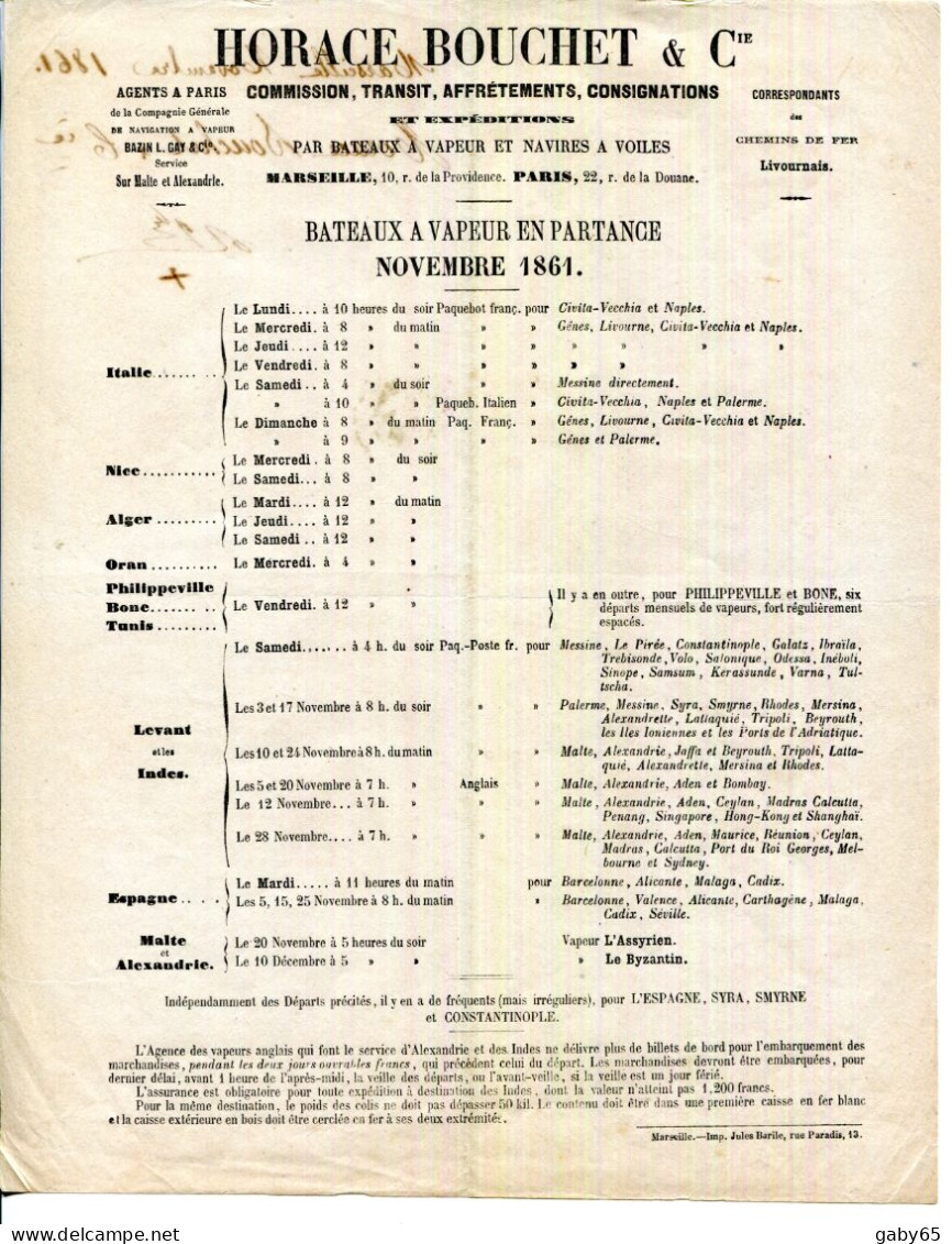 FACTURE.MARSEILLE.HORACE BOUCHET.EXPEDITIONS PAR VAPEURS & NAVIRES A VOILES.HORAIRES DE DEPART POUR 1861. - Verkehr & Transport