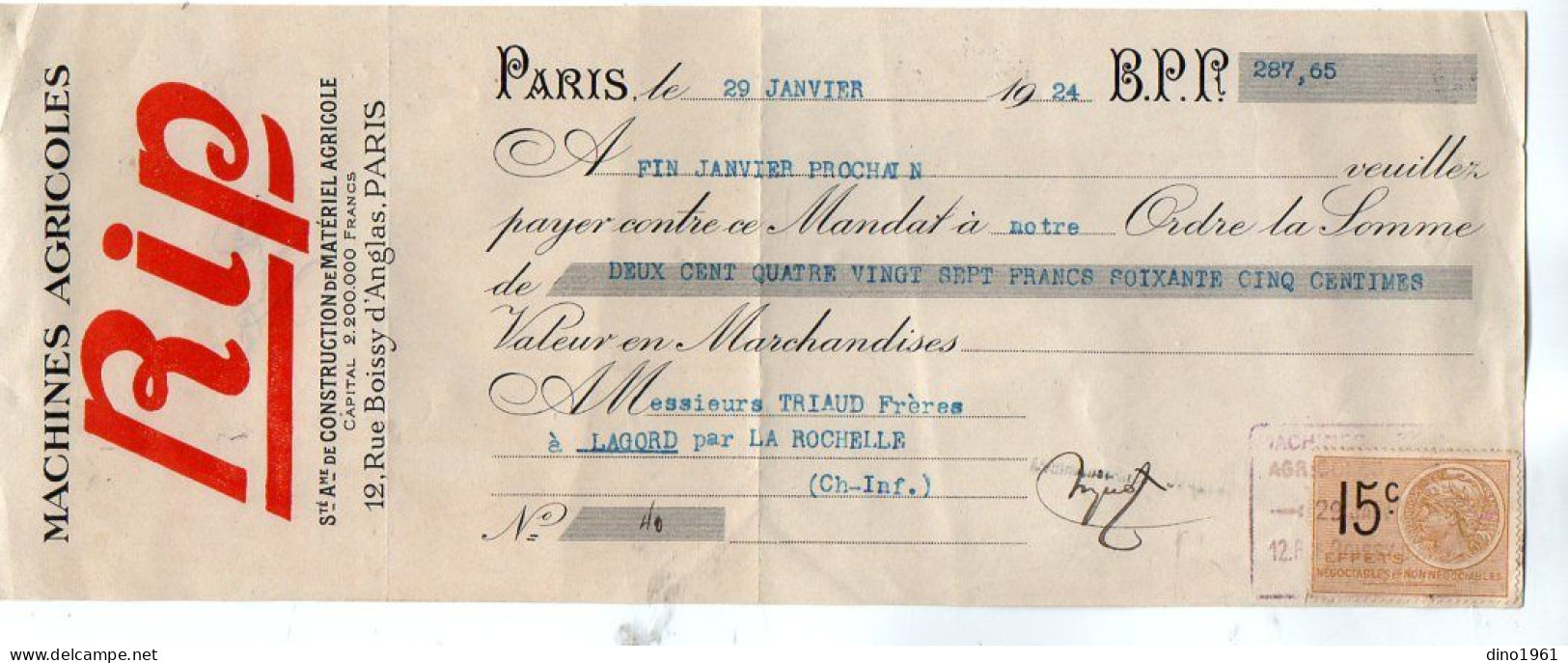 VP22.238 - 1924 - Lettre De Change - Machines Agricoles RIP - Sté De Construction De Matériel Agricole à PARIS - Bills Of Exchange