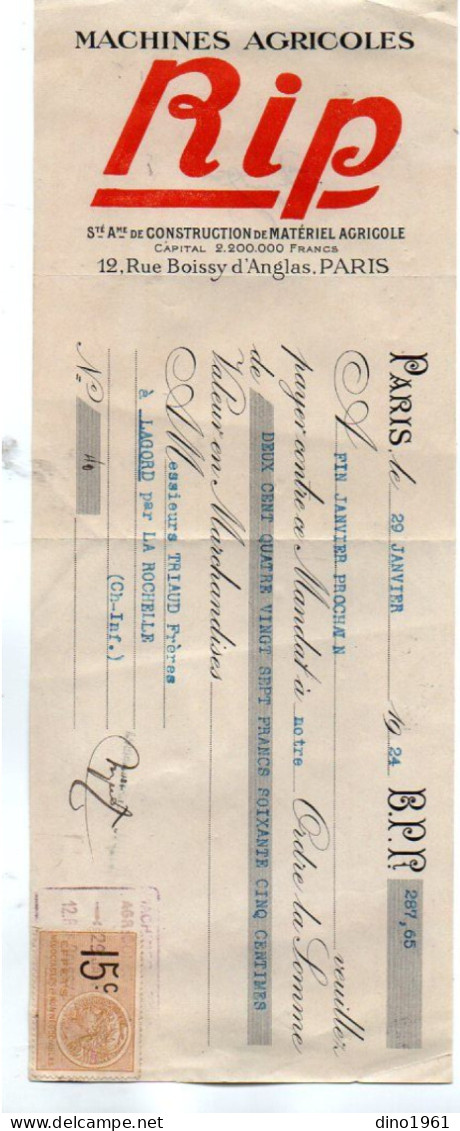 VP22.238 - 1924 - Lettre De Change - Machines Agricoles RIP - Sté De Construction De Matériel Agricole à PARIS - Bills Of Exchange