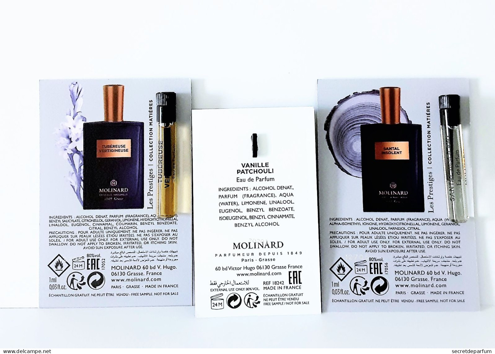 3 échantillons Parfum  Tubes SANTAL INSOLENT TUBEREUSE VERTIGINEUSE  VANILLE PATCHOULI De  MOLINARD EDP - Echantillons (tubes Sur Carte)