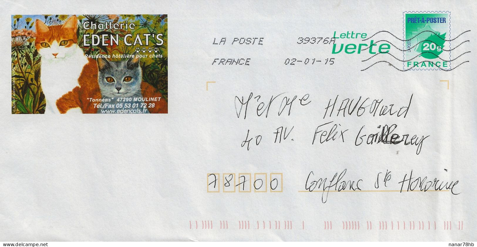 Prêt à Poster Repiquage Chatterie Eden Cat's (oblitération Du 02/04/2015) (timbre France Et Feuille) - PAP: Private Aufdrucke