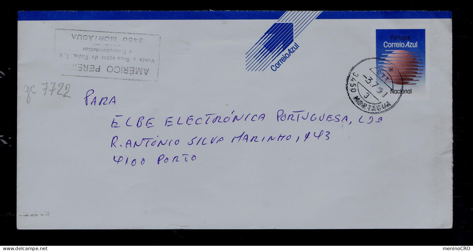 Gc7722 PORTUGAL "Blue Mail" MORTÁGUA Date-pmk Cover Postal Stationery 1991 Mailed - Postal Logo & Postmarks
