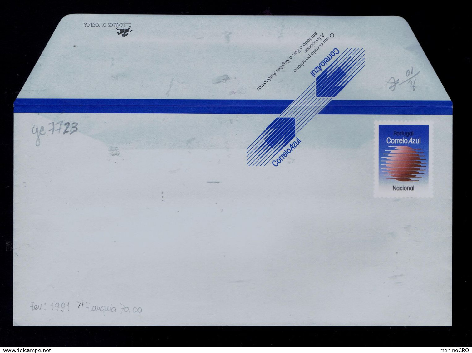 Gc7723 PORTUGAL "Blue Mail" Mint Cover Postal Stationery Fev.1991 (70$00) - Maschinenstempel (Werbestempel)