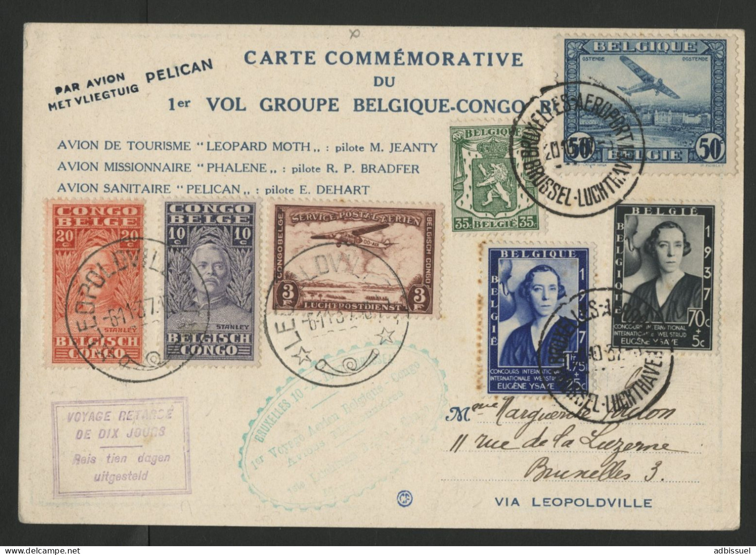 1937 CARTE COMMEMORATIVE 1er Vol Begique-Congo BRUXELLES-LEOPOLVILLE Avion "PELICAN" , Retrardé De 10 Jours - Cartas & Documentos