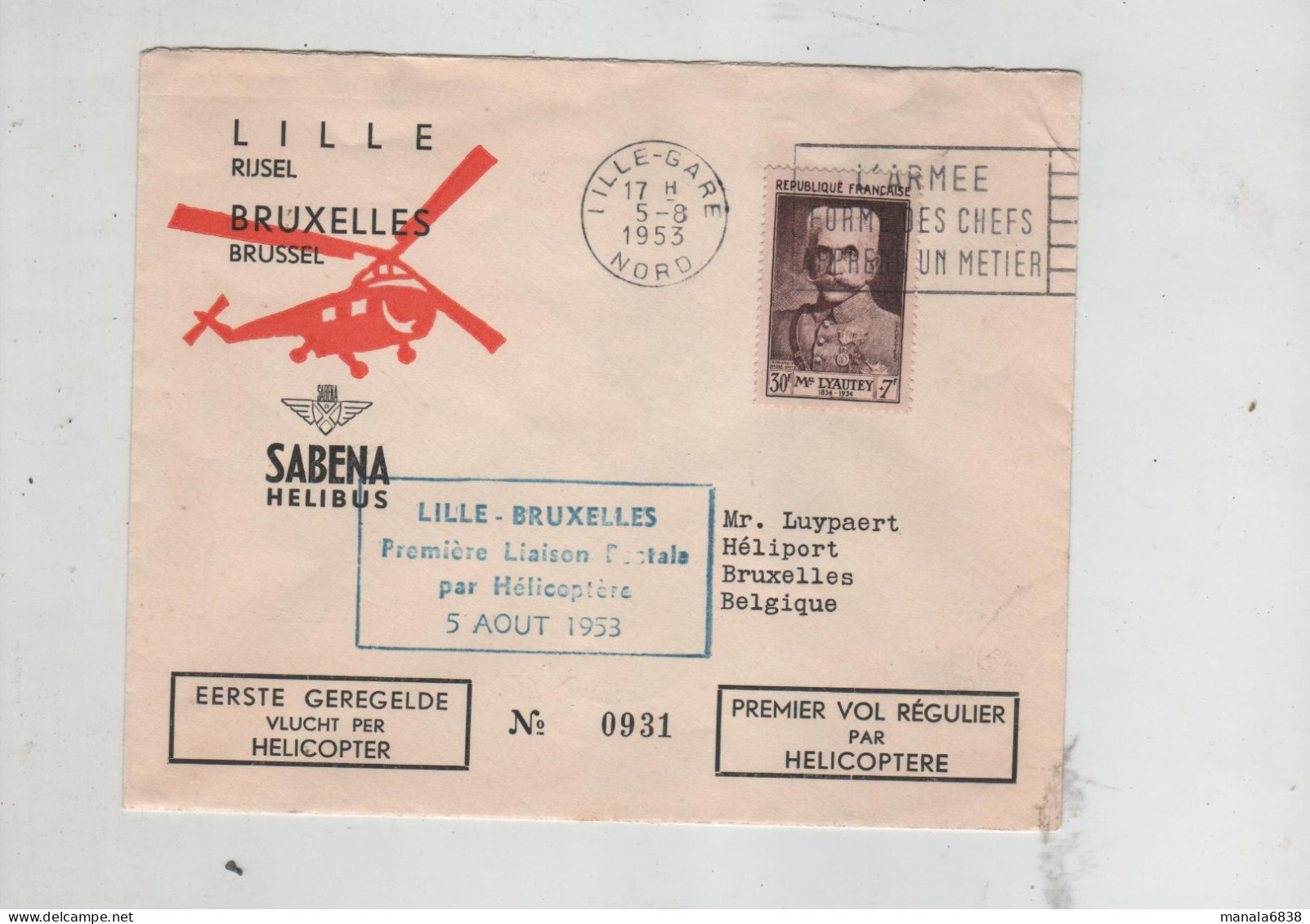 Luypaert Héliport Bruxelles Lille Sabena Helibus Liaison Par Hélicoptère 1953 - Non Classés