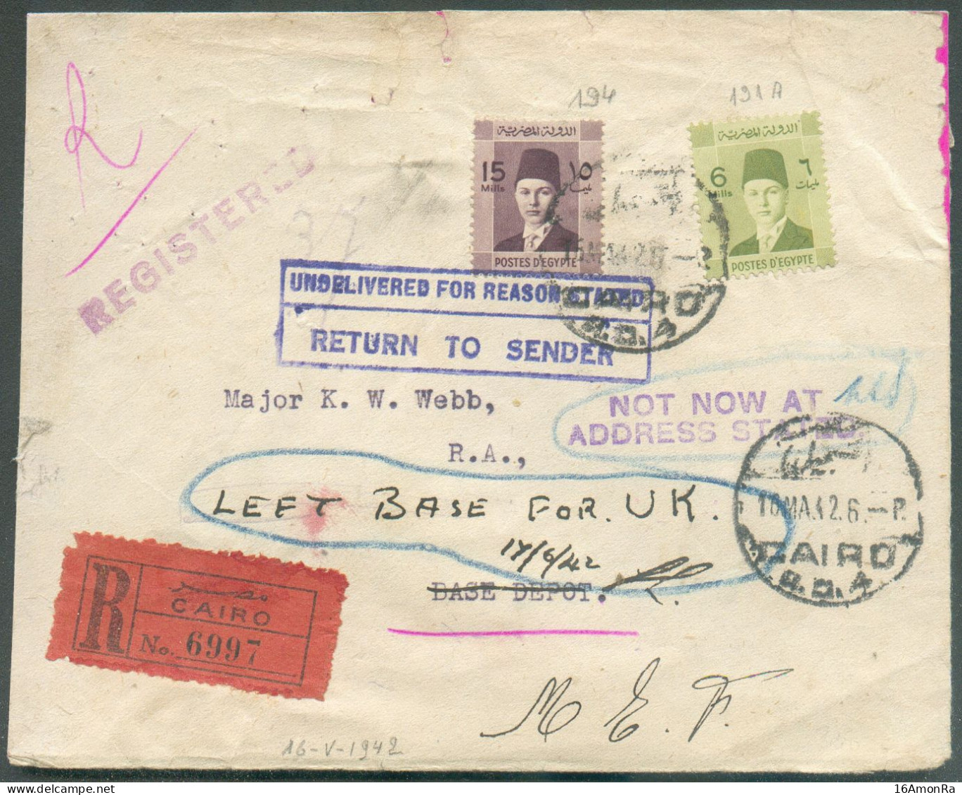 Lettre REcommandée Du CAIRE Affr. 21 Mil. Obl. Sc CAIRO R.D.4 Vers BASE (military DEPOT UK (biffé) Et Griffe Bleue UNDEL - Storia Postale