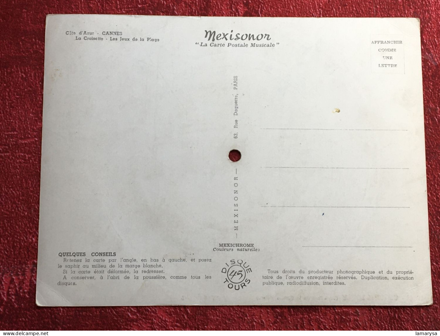 Disque 45 Tr Vinyle MEXISONOR Carte Postale Musicale "Colonel Bogey" Photo Vintage : Cannes Cote D'Azur-La Croisettej - Objets Dérivés