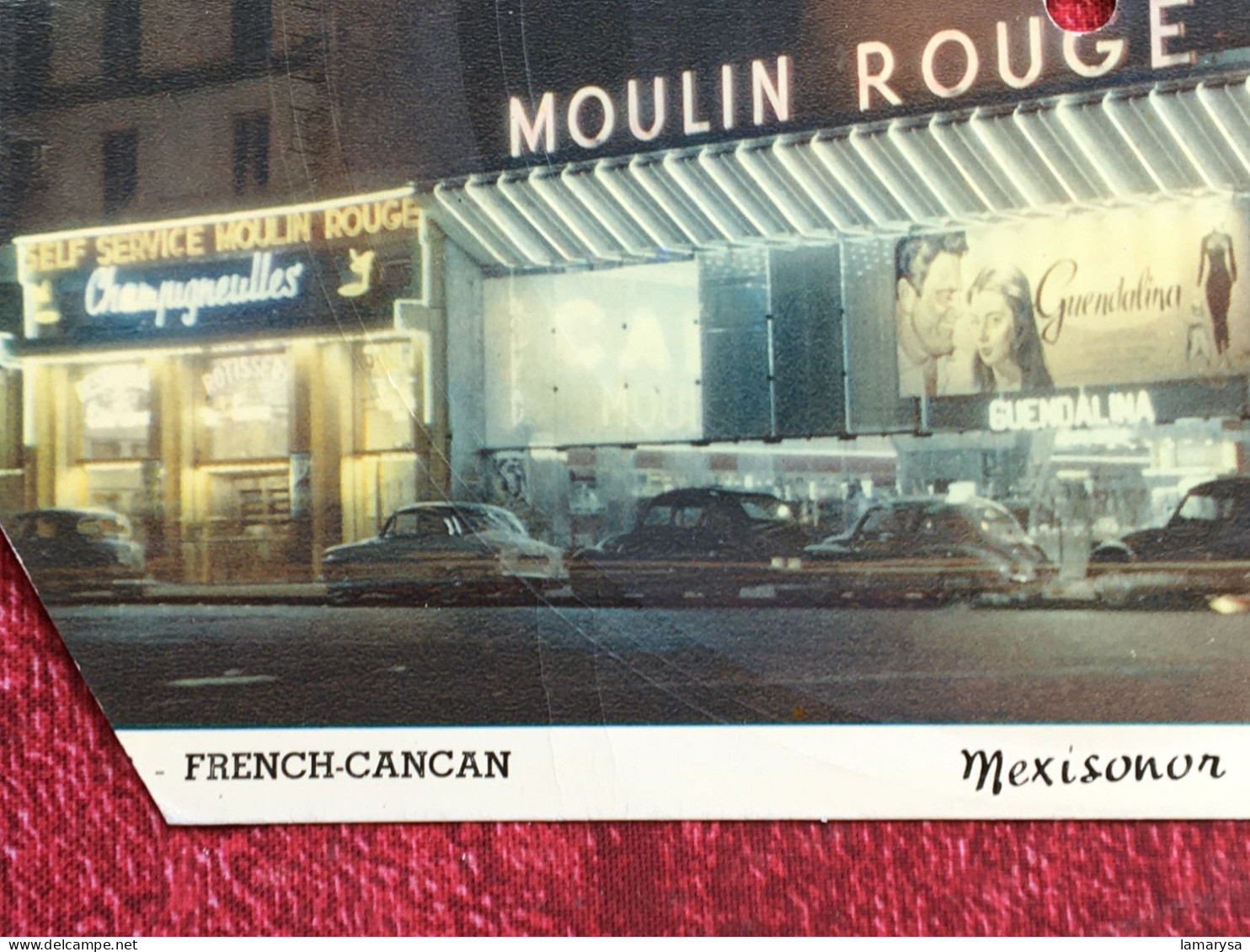 Disque 45 Tr Vinyle MEXISONOR Carte Postale Musicale "French Cancan "Photo Vintage :Moulin Rouge Paris-2 Cv Citroën - Objets Dérivés