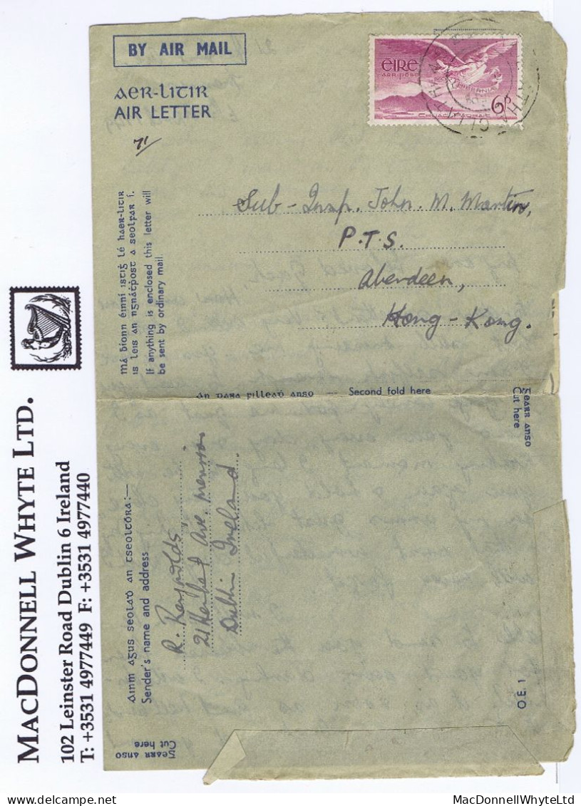 Ireland Airmail 1949 Angel Victor 6d Used On W4758 Airletter Dublin 9 AP 49 To Hong Kong - Posta Aerea