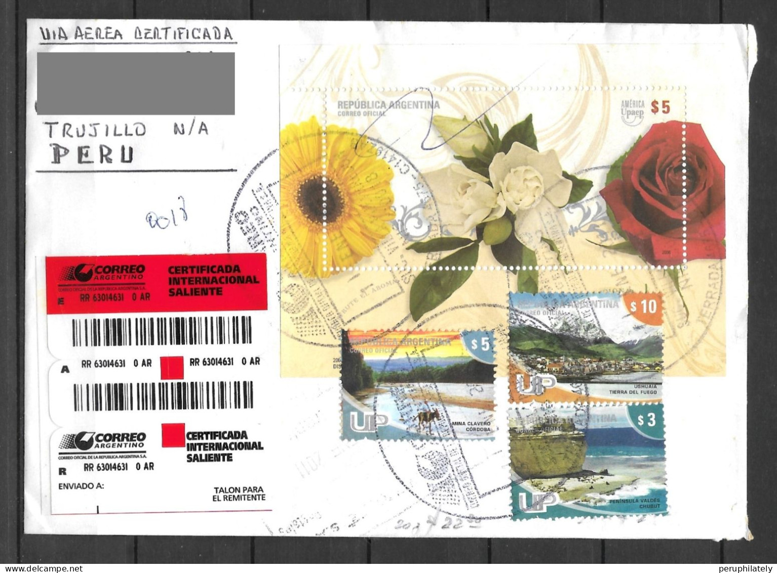 Argentina Registered Cover With Flowers Souvenir Sheet & Tourism Stamps Sent To Peru - Brieven En Documenten