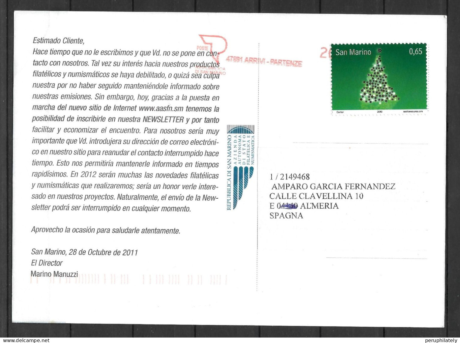 San Marino Azienda Autonoma Di Stato Filatelica E Numismatica Card Circulated - Cartas & Documentos