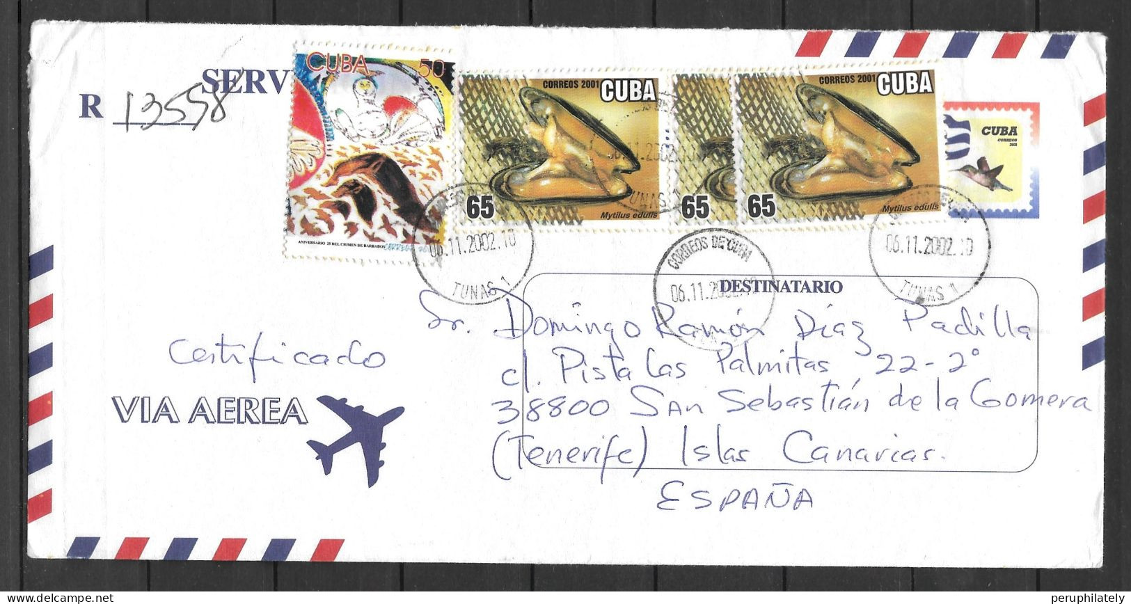 Cuba Registered Cover With Bombing Flight Barbados & Edible Mussel Stamps Sent To Spain - Storia Postale