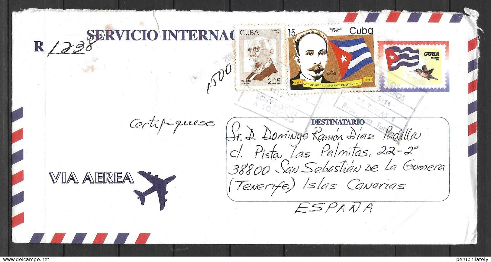 Cuba Registered Cover With Maximo Gomez , 100th Independence , Flag And Bird Stamps Sent To Spain - Brieven En Documenten