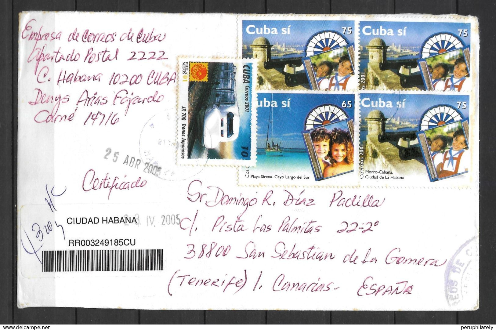 Cuba Registered Cover With Tourism & Train Stamps Sent To Spain - Brieven En Documenten