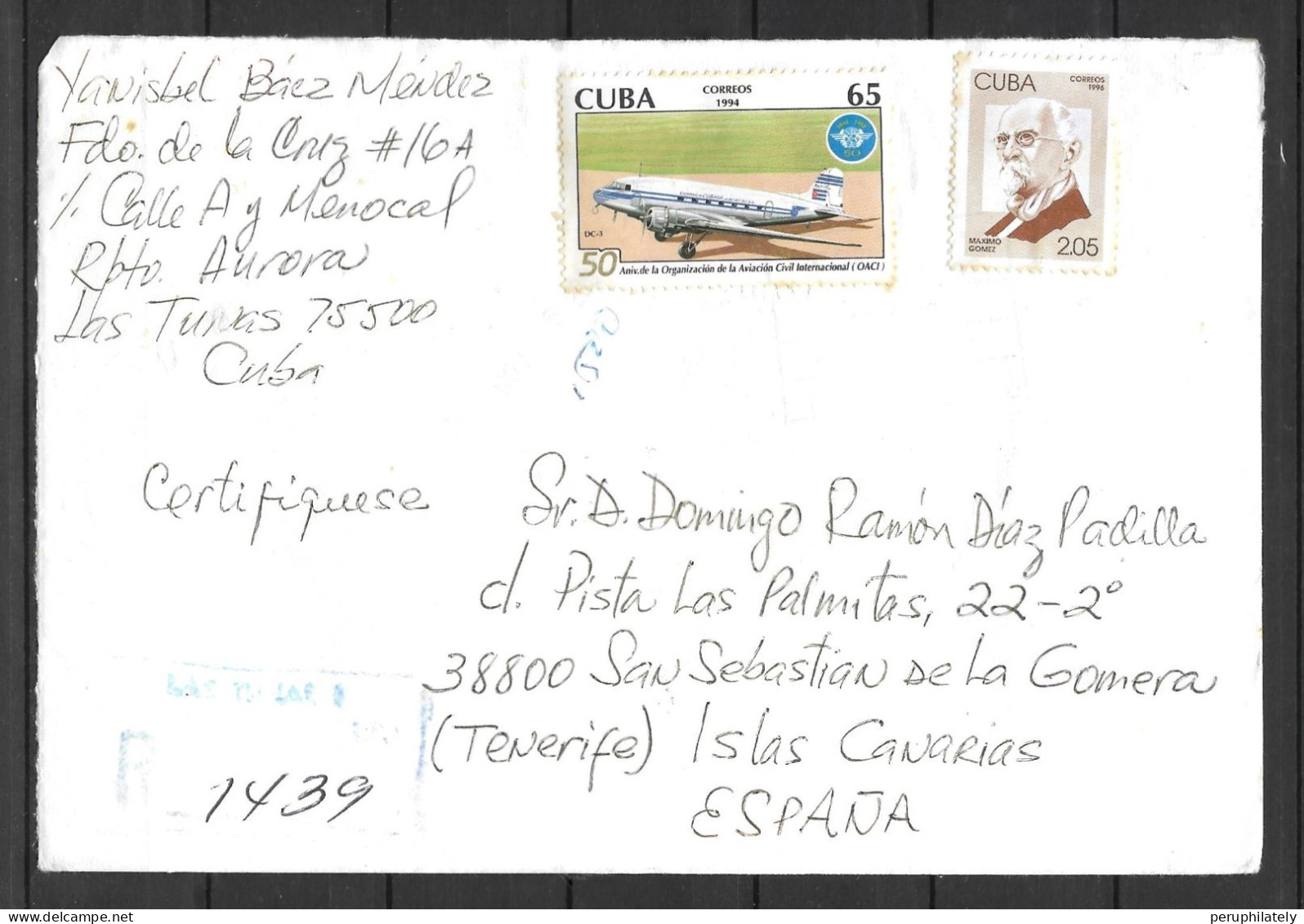 Cuba Registered Cover With Airplane & Maximo Gomez Stamps Sent To Spain - Covers & Documents