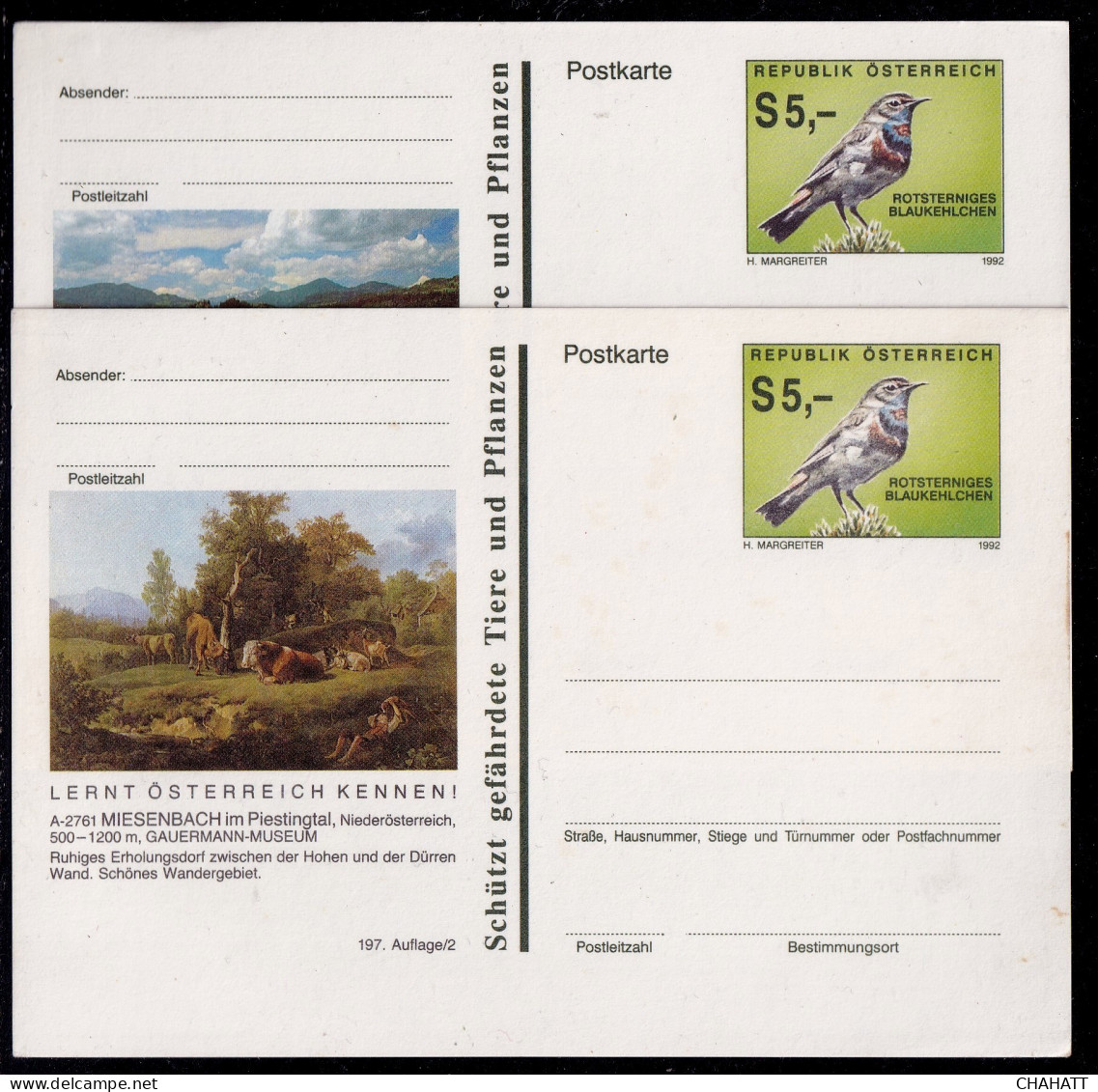 BIRDS- BLUE THROAT-PREPAID ILLUSTRATED POST CARDS X 2-AUSTRIA1992- VARIETY-MNH-BIRFC-6 - Piciformes (pájaros Carpinteros)