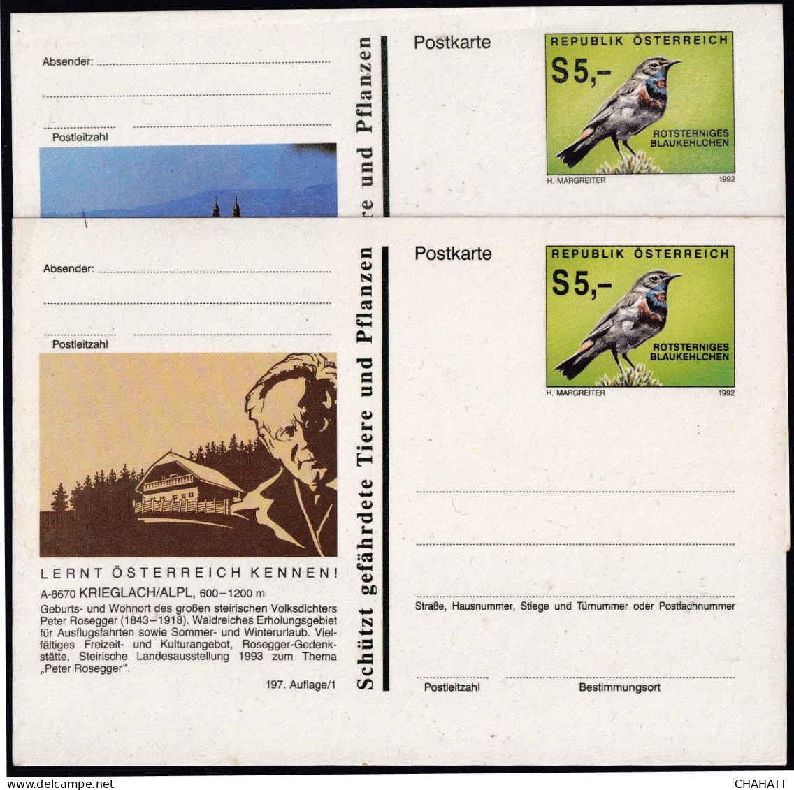 BIRDS- BLUE THROAT-PREPAID ILLUSTRATED POST CARDS X 2-AUSTRIA1992- VARIETY-MNH-BIRFC-5 - Pics & Grimpeurs