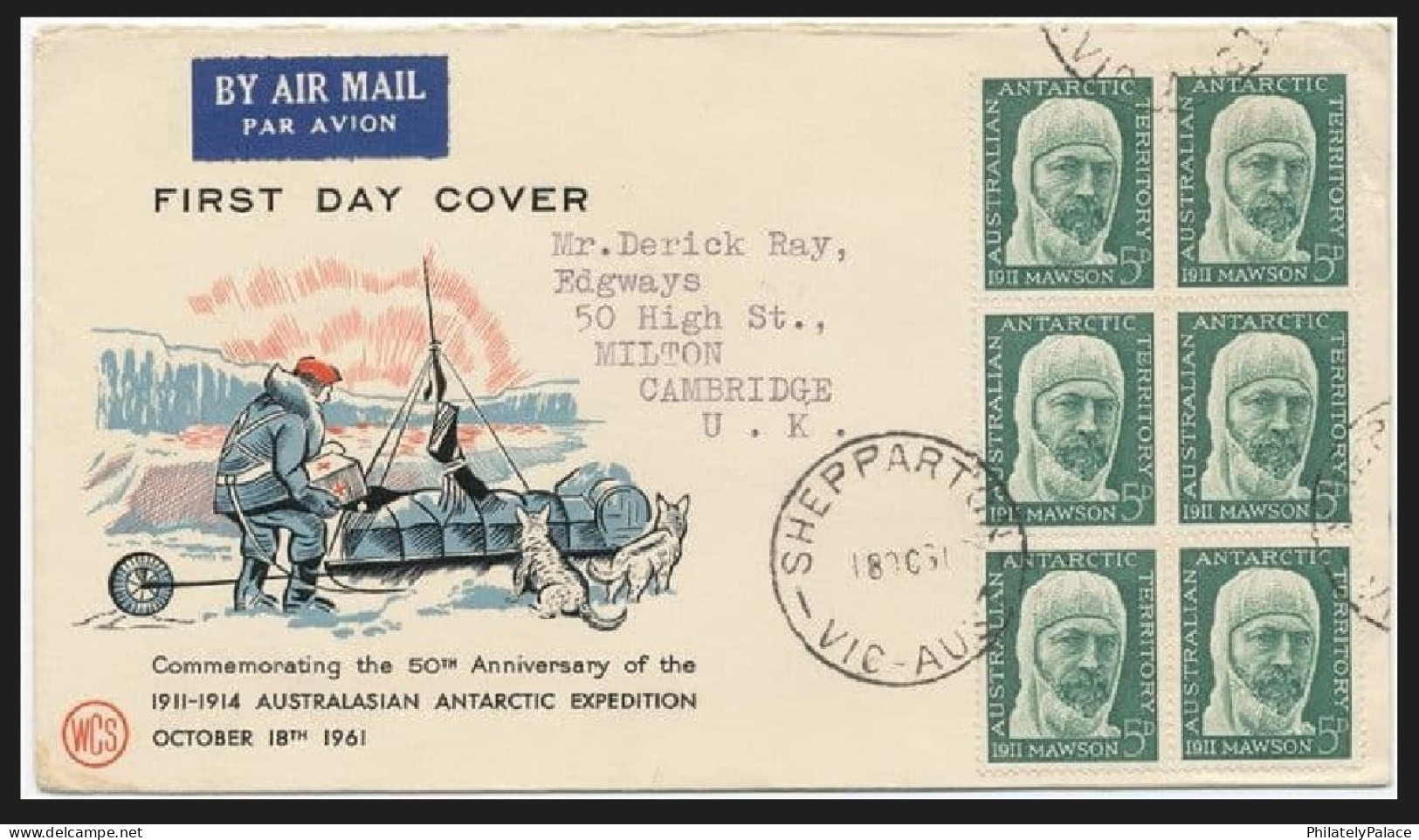 AAT 1961 Australian Antarctic Territory FDC Cover. 5d Myrtle-Green Sir Douglas, Dog, Sledge, Cover To Cambridge,UK (**) - Lettres & Documents