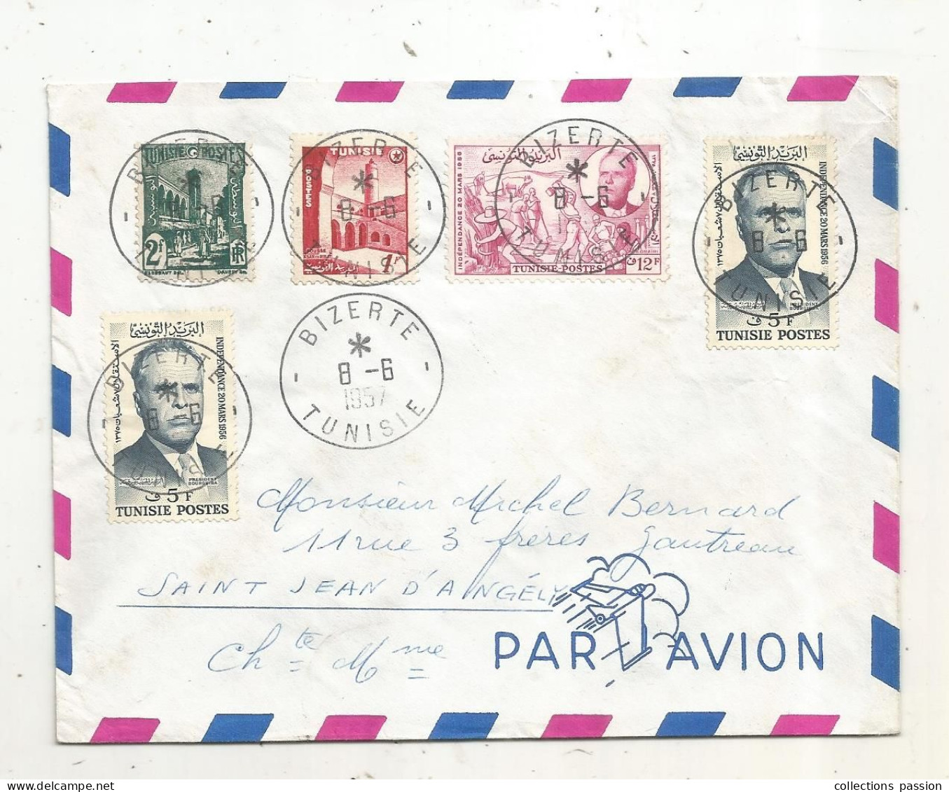 Lettre, TUNISIE, BIZERTE, 8-6 1957, 5 Timbres - Tunisia