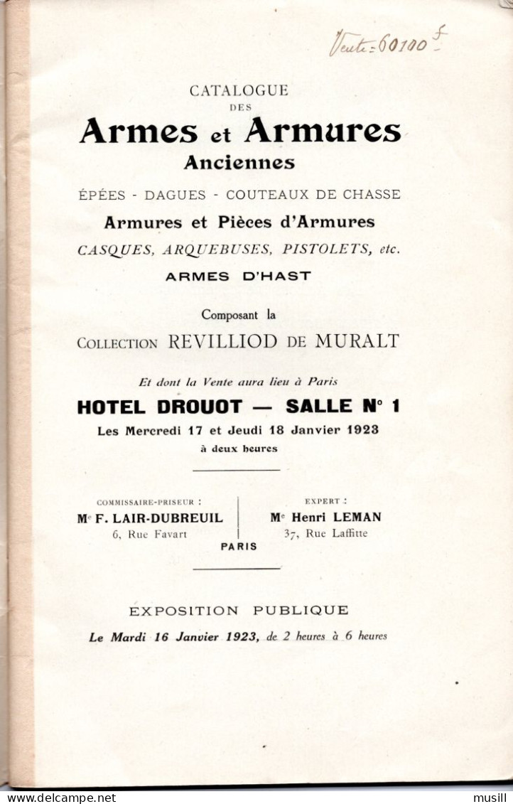 Armes Et Armures Anciennes. Collection Révilliod De Muralt. Drouot, 17 & 18 Janvier 1923. Notices De Charles Buttin - Frankrijk