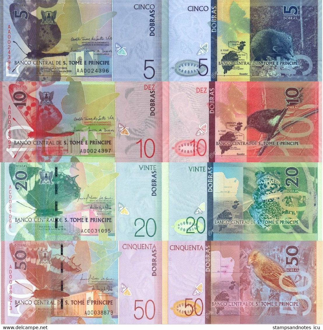 SAINT THOMAS & PRINCE 5 10 20 50 Dobras P 72 73 W76 W77 2016 2020 (2021) UNC Set 4 Banknotes, Paper - São Tomé U. Príncipe