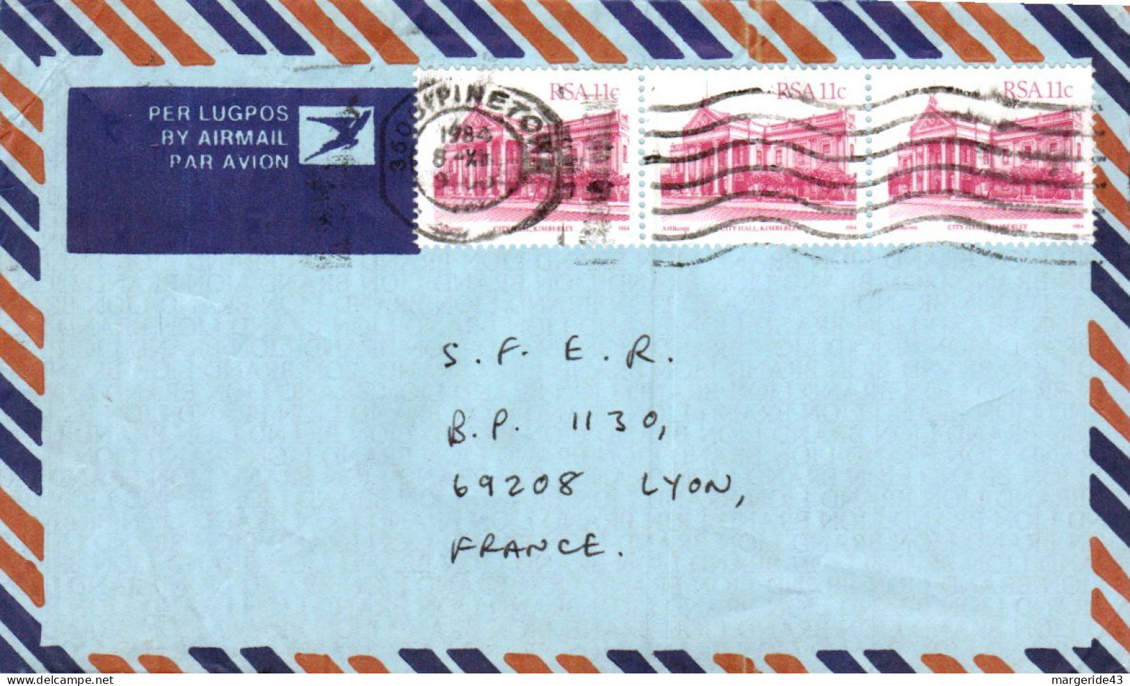 AFRIQUE DU SUD AFFRANCHISSEMENT COMPOSE SUR LETTRE POUR LA FRANCE 1984 - Storia Postale