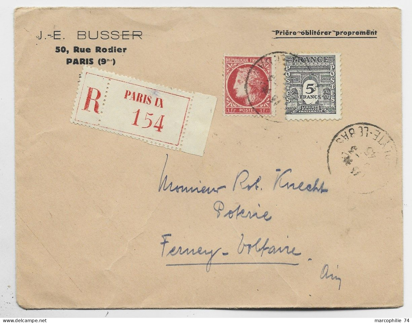 FRANCE ARC TRIOMPHE 5FR+1FR MAZELIN LETTRE COVER REC PARIS 13.3.1945 AU TARIF - 1944-45 Triomfboog