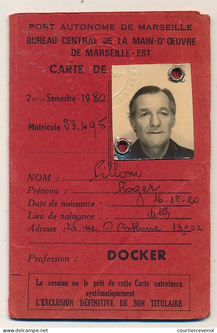 MARSEILLE - Carte De Pointage, Profession DOCKER - Port Autonome De Marseille, Bureau Central De La Main D'Oeuvre - Cartes De Membre