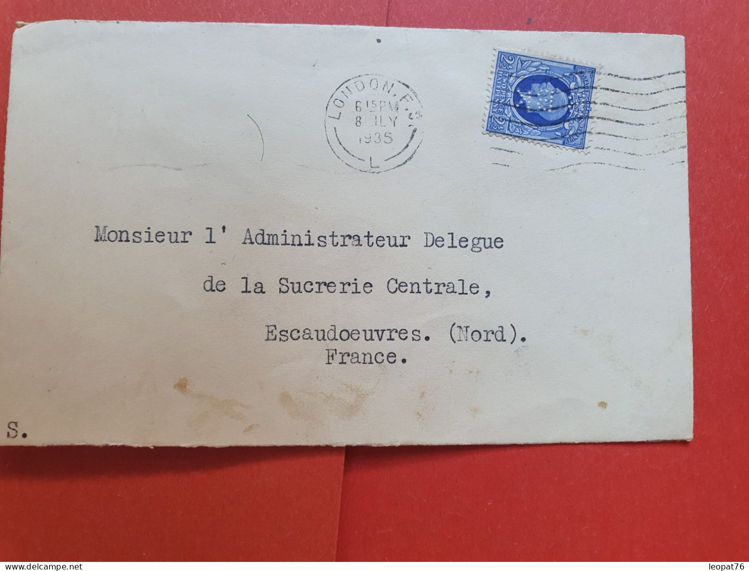 GB - Perforé Sur Lettre Commerciale De Londres Pour La France En 1935 - Réf 974 - Perforés