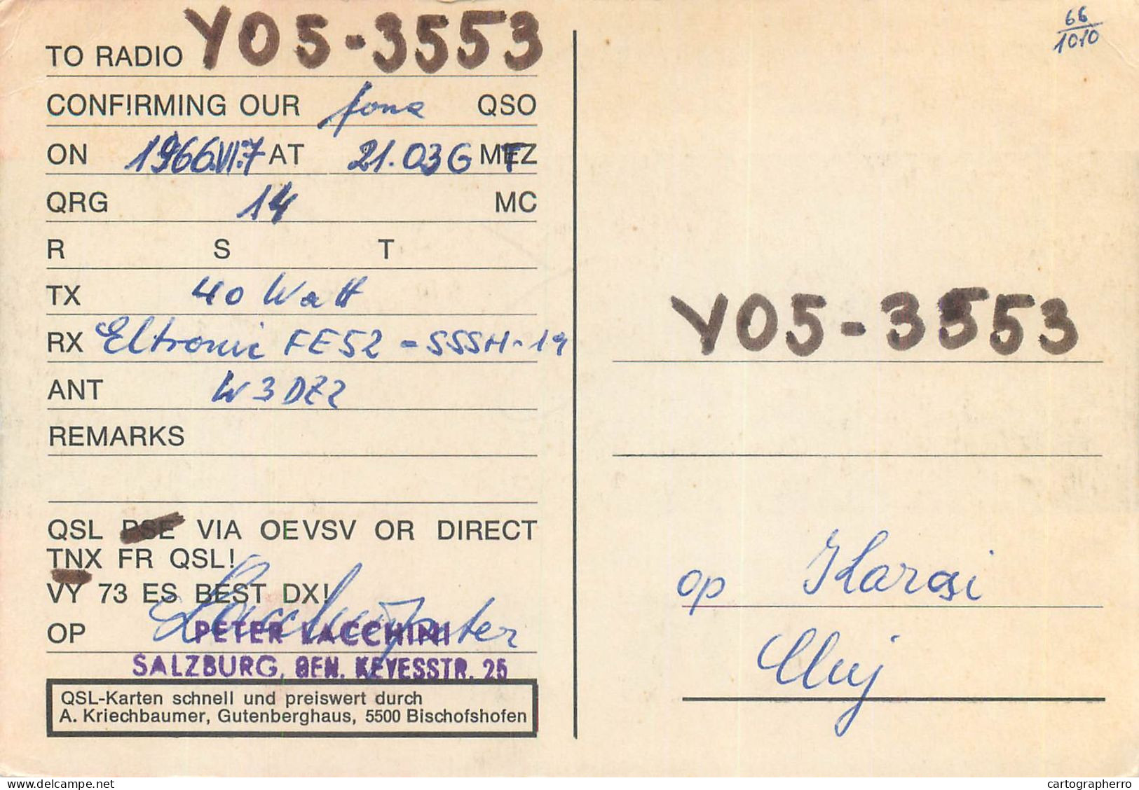 Radio Amateur QSL Card To YO5-3553 From Austria Salzburg OE2LCL - Radio Amateur