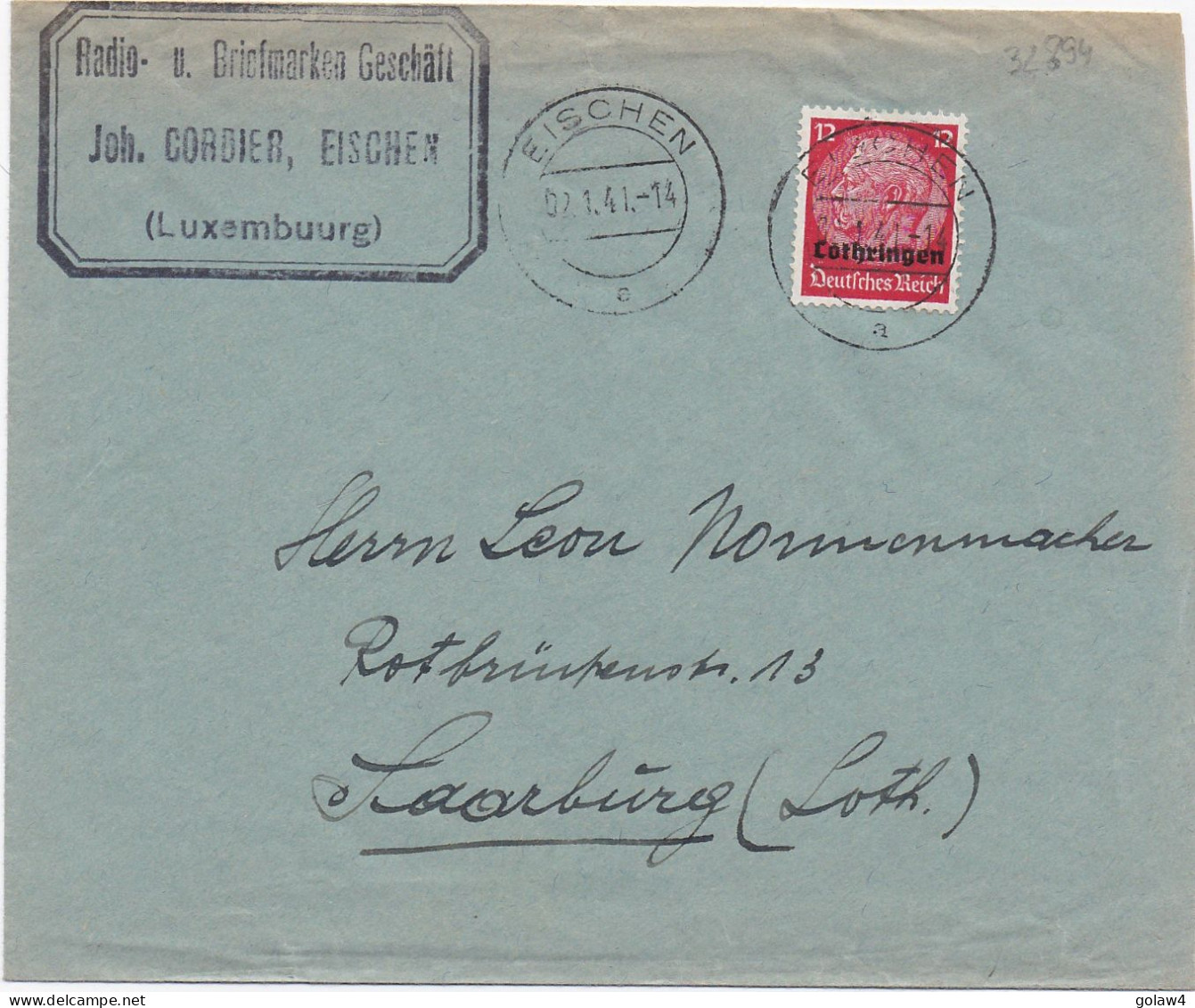 32894# HINDENBURG LOTHRINGEN LETTRE CORDIER RADIO Obl EISCHEN 1941 SARREBOURG MOSELLE - Occupation