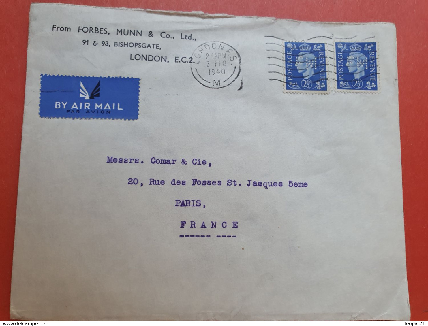 GB - Perforés X 2 Sur Lettre Commerciale De Londres Pour La France En 1940  - Réf 978 - Perfin