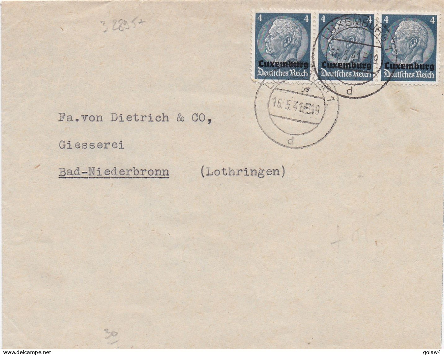 32895# HINDENBURG LUXEMBURG LETTRE Obl LUXEMBURG 1 D 1941 LUXEMBOURG NIEDERBRONN LES BAINS BAS RHIN - Bezetting