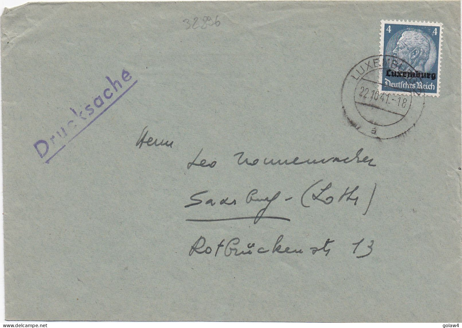 32896# HINDENBURG LUXEMBURG LETTRE IMPRIME DRUCKSACHE Obl LUXEMBURG 2 A 1941 LUXEMBOURG SARREBOURG MOSELLE - Occupation