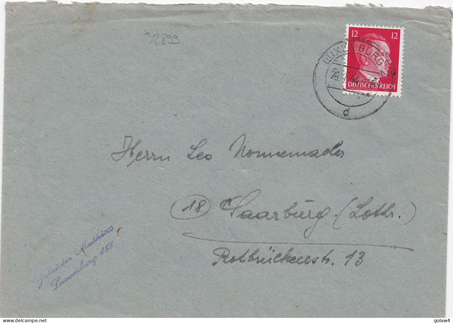 32899# HITLER LETTRE Obl LUXEMBURG 2 29 JUILLET 1944 LUXEMBOURG SARREBOURG MOSELLE - Ocupación