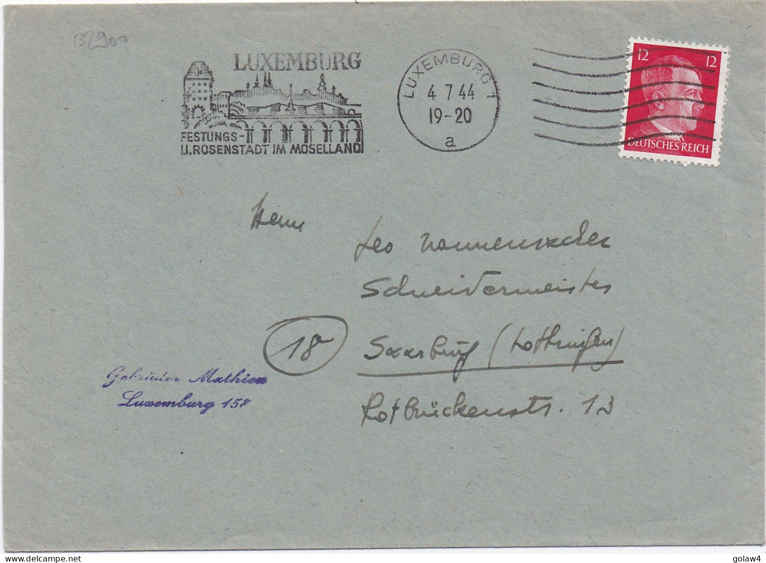 32900# HITLER LETTRE Obl LUXEMBURG 1 A 4 JUILLET 1944 LUXEMBOURG SARREBOURG MOSELLE - Besetzungen