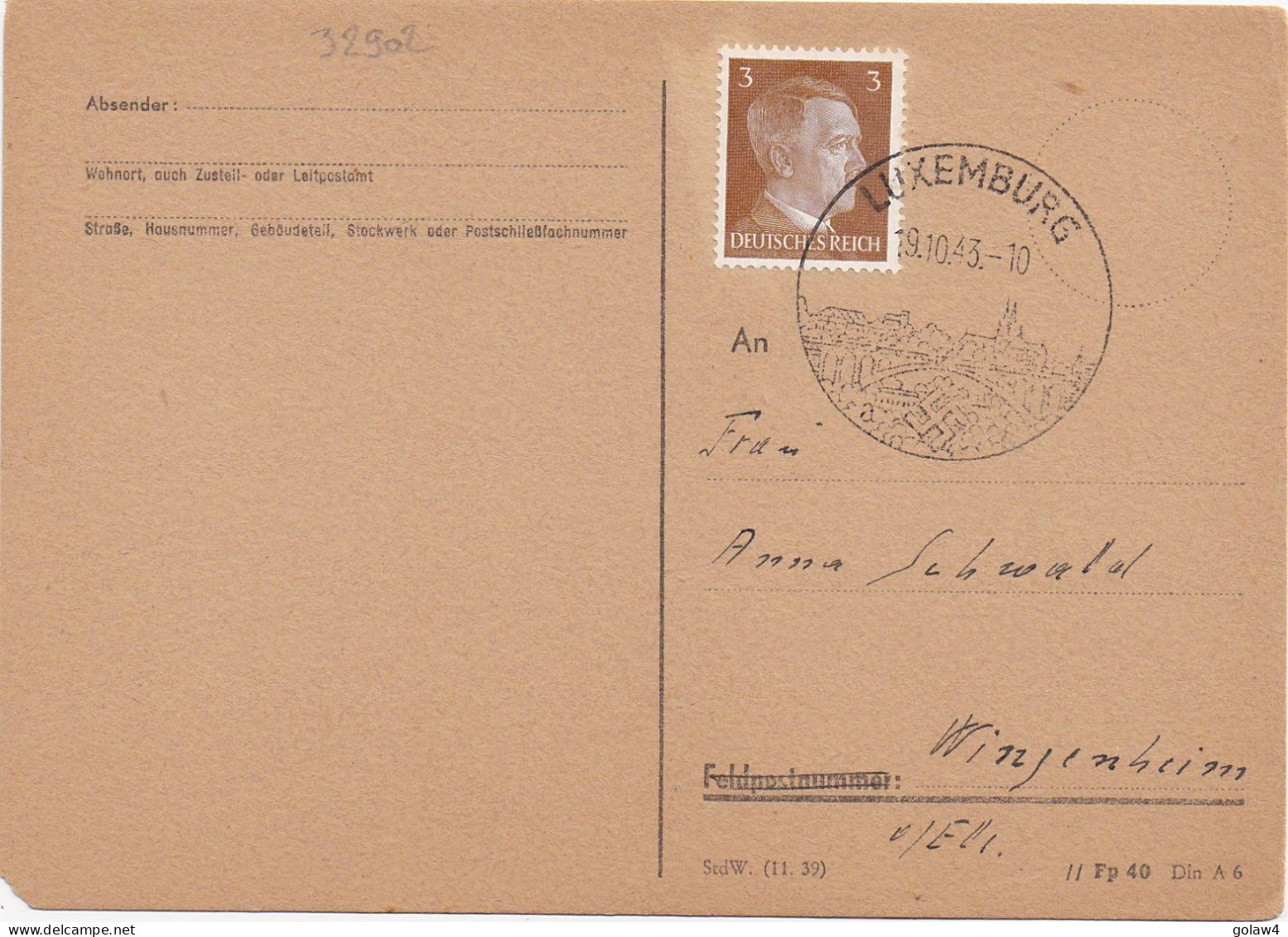 32902# HITLER CARTE POSTALE Obl LUXEMBURG 19 OCTOBRE 1943 LUXEMBOURG WINTZENHEIM HAUT RHIN - Bezetting