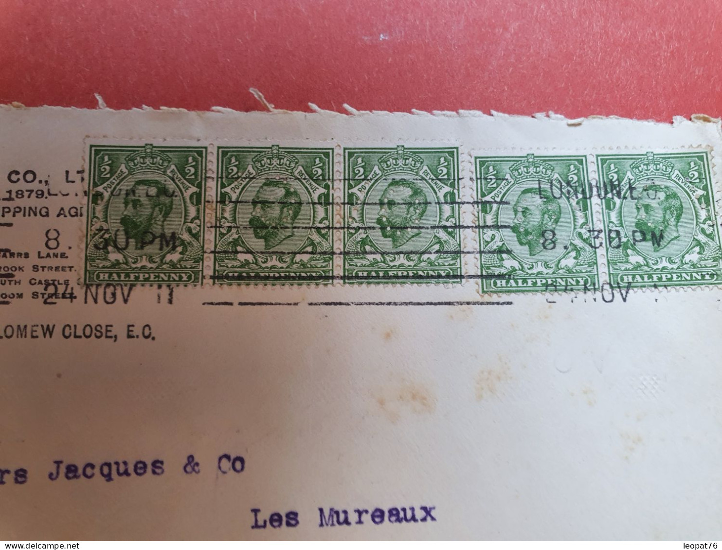 GB - Perforés X 5 Sur Enveloppe Commerciale De Londres Pour La France En 1911  - Réf 985 - Gezähnt (perforiert)