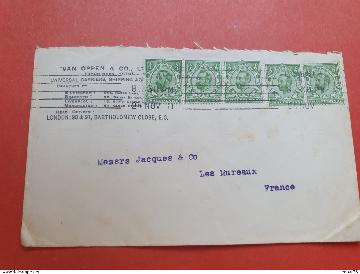 GB - Perforés X 5 Sur Enveloppe Commerciale De Londres Pour La France En 1911  - Réf 985 - Perfin