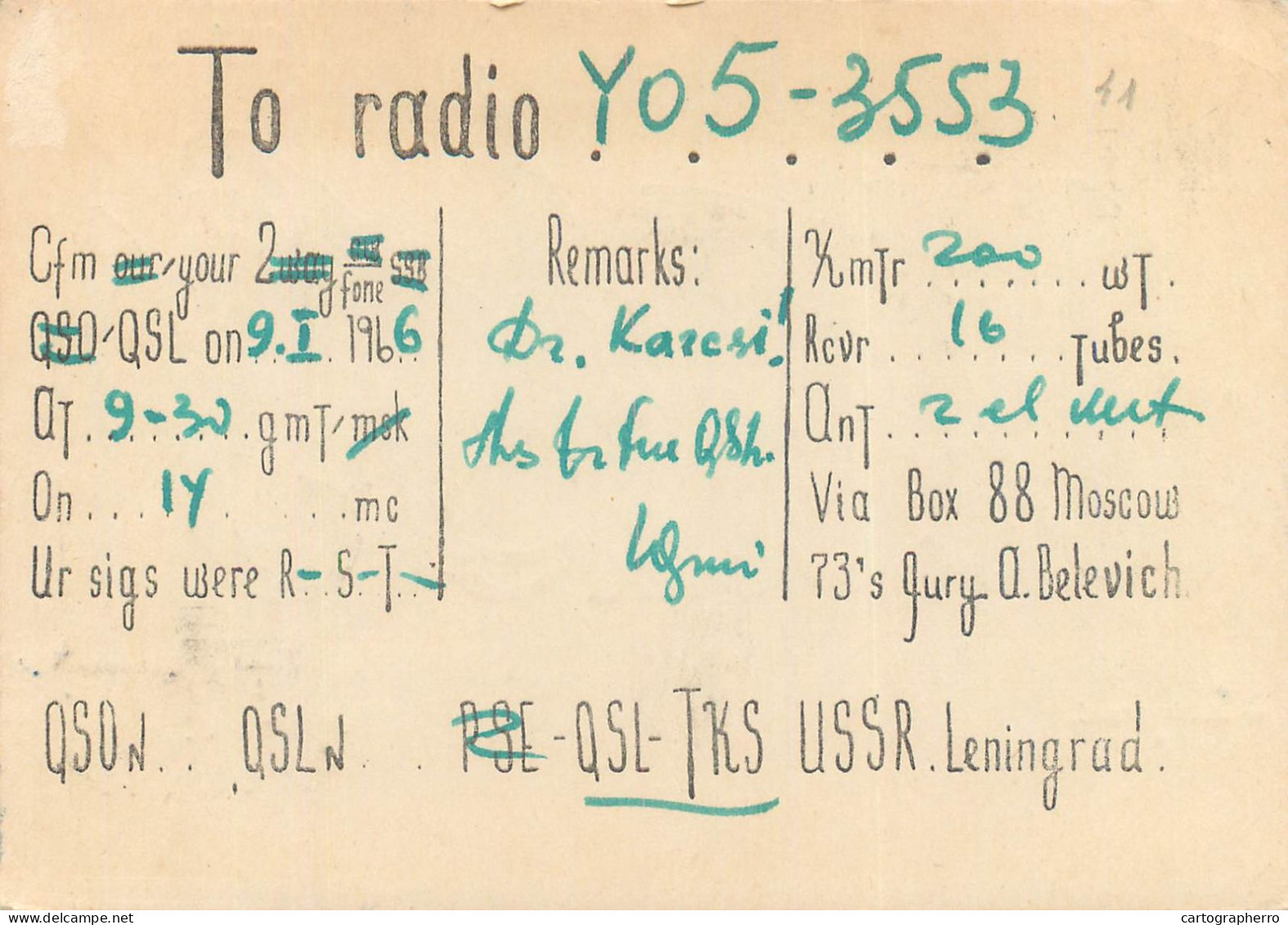 Radio Amateur QSL Card To YO5-3553 From Russia Leningrad UA1GY - Radio Amateur