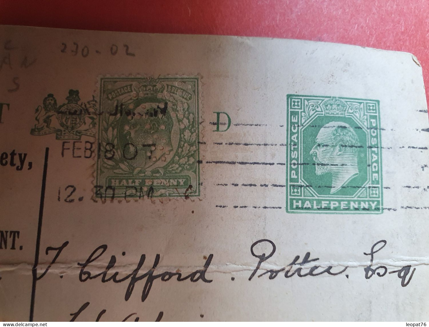 GB - Perforé Sur Entier Postal Commerciale ( Avec Repiquage ) De Londres Pour La France En 1907, Pli Central  - Réf 988 - Perfin