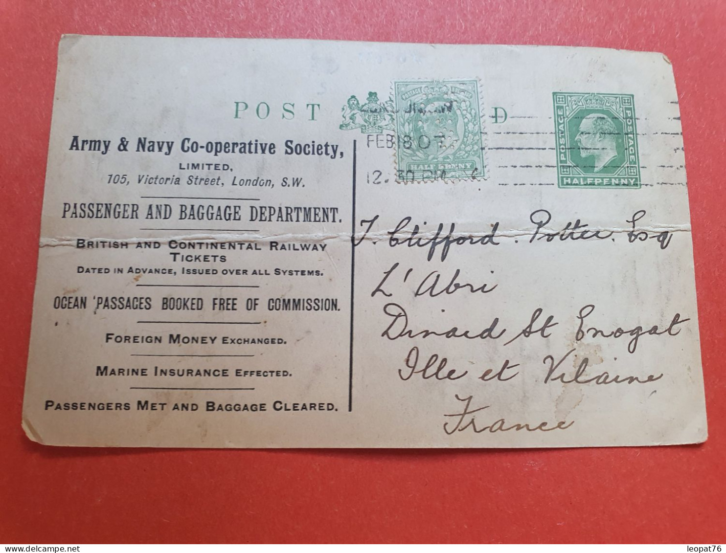 GB - Perforé Sur Entier Postal Commerciale ( Avec Repiquage ) De Londres Pour La France En 1907, Pli Central  - Réf 988 - Perfin