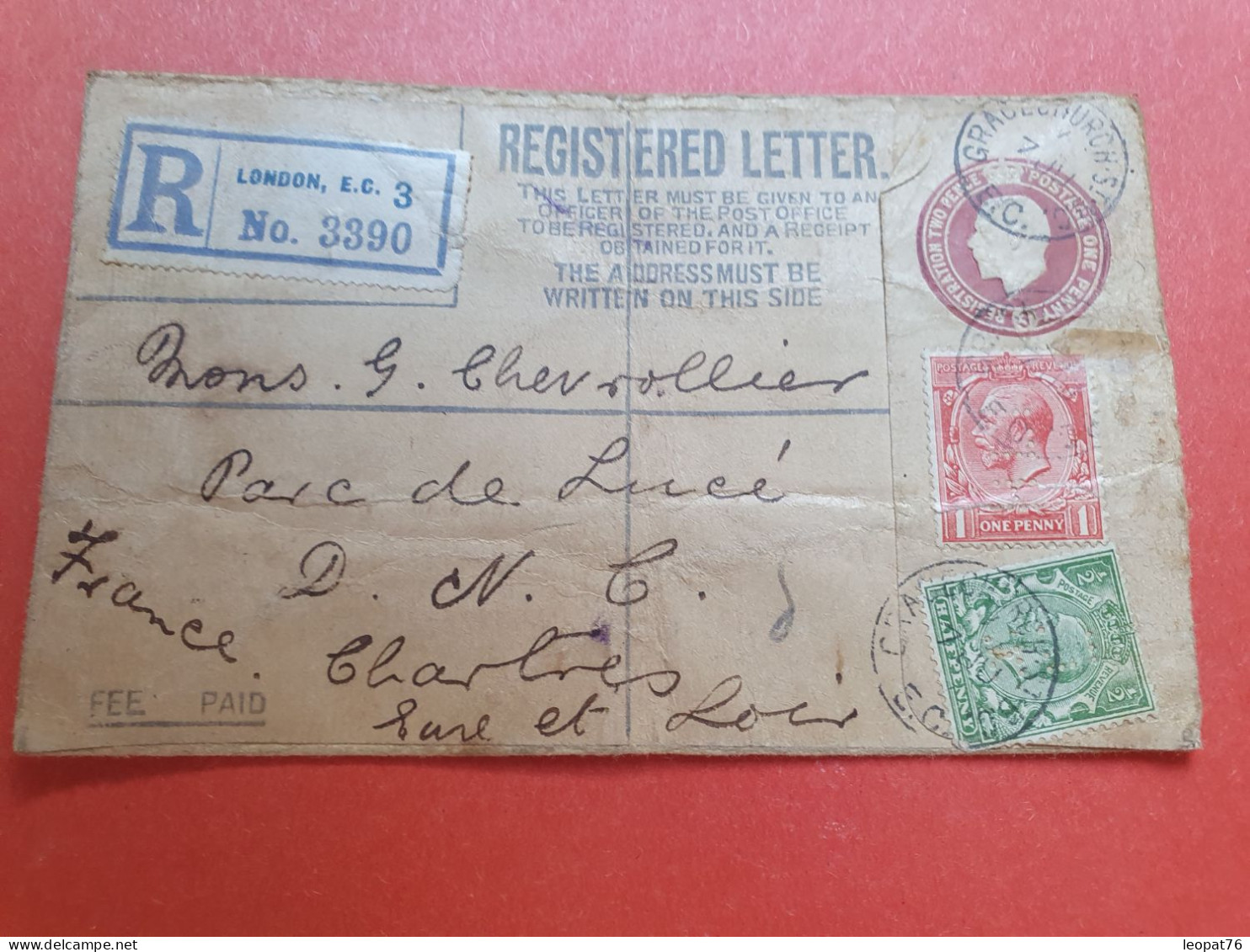 GB - Perforés X 2 Sur Entier Postal En Recommandé De Londres Pour La France - Etat Moyen - Réf 989 - Perforés