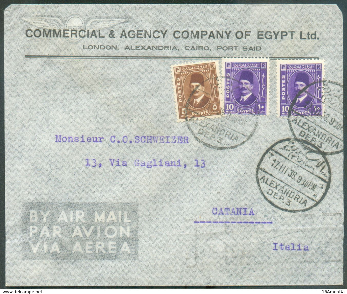 5m. + 10m. (x2) FAROUK Obl. Sc ALEXANDRIA DEP.3 Sur Lettre Par Avion Du 17.3.1938 Vers Catania-  20264 - Covers & Documents
