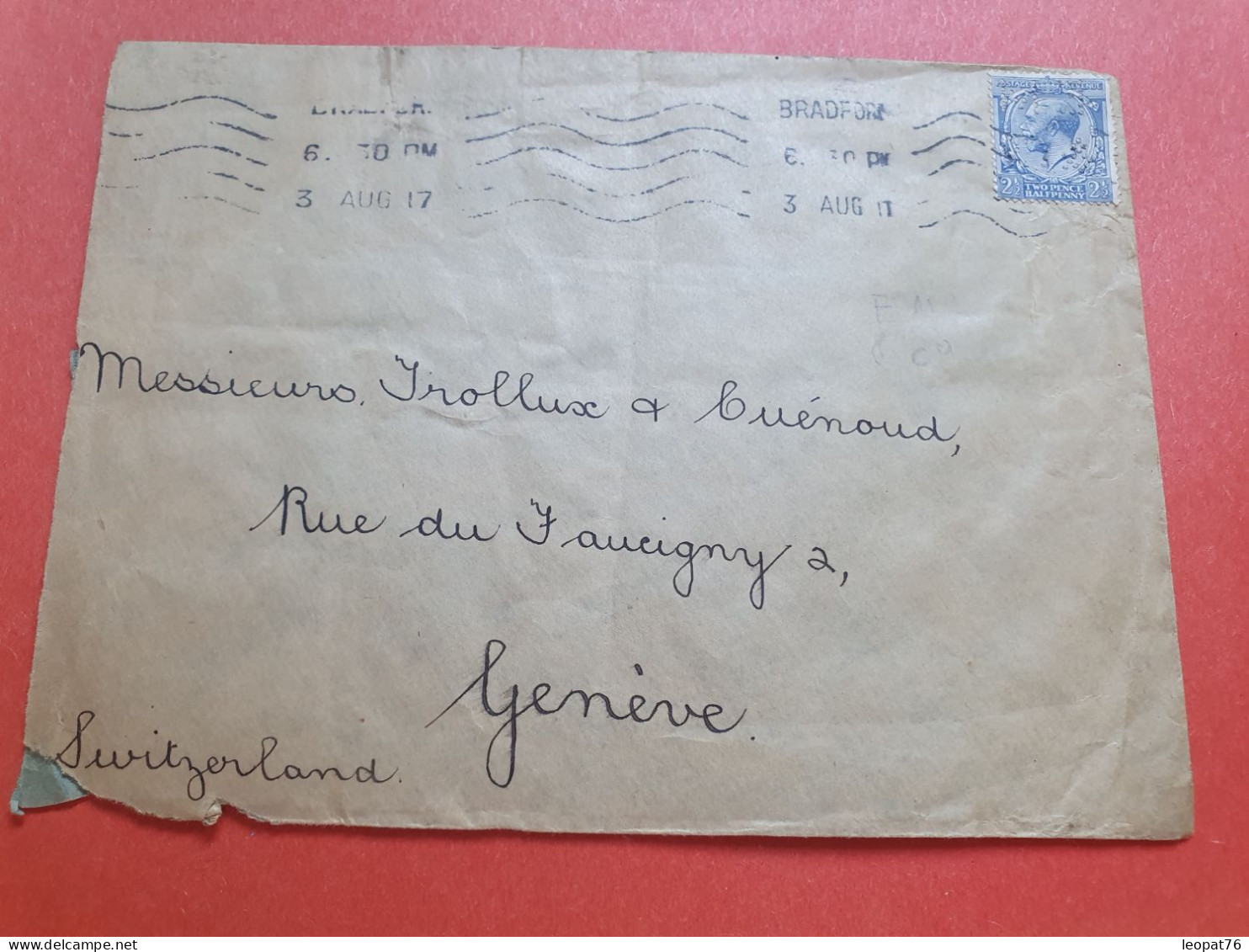 GB - Perforé Sur Enveloppe Commerciale De Bradford Pour La Suisse En 1917 Avec Contrôle Postal - Réf 997 - Perforadas