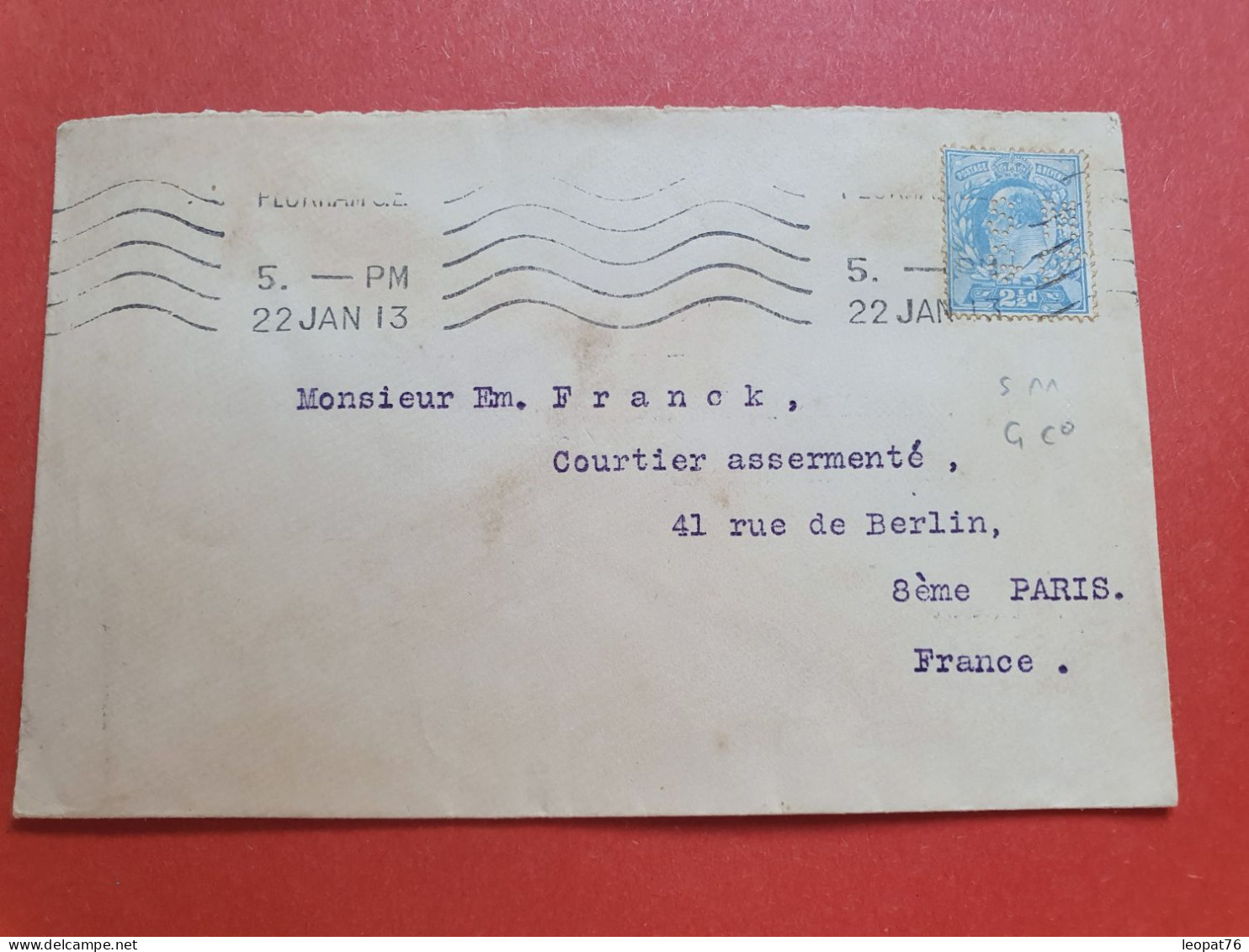 GB - Perforé Sur Enveloppe Commerciale Pour Paris En 1913 - Réf 998 - Perforadas