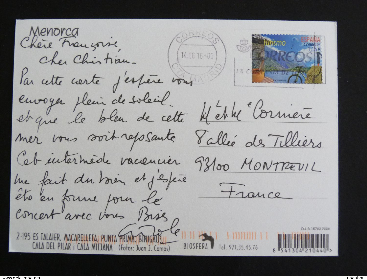 ESPAGNE ESPANA SPAIN AVEC YT 4730 TOURISME VELO  BIKE - MENORCA - Storia Postale