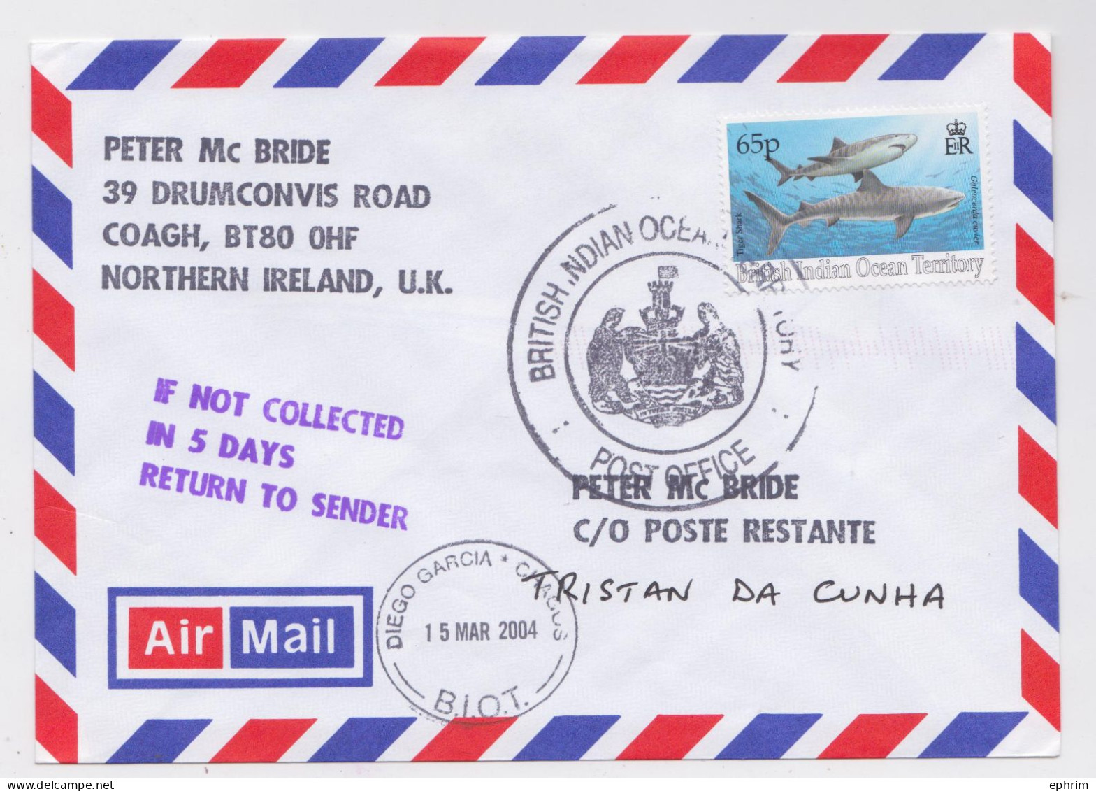 British Indian Ocean Territory BIOT Diego Garcia Lettre Timbre Requin Shark Stamp Air Mail Cover Tristan Da Cunha 2004 - Otros - Oceanía